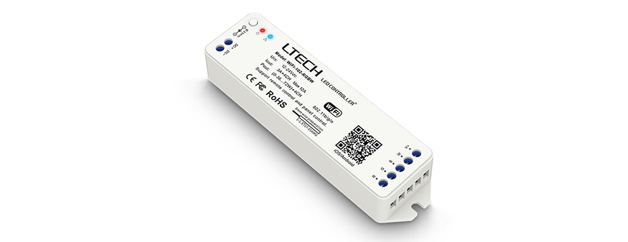 WIFI-102-RGBW  Wi-Fi RGBW Controller 12/24V DC 144/288W, 12A(3Ax4CH), Android/Apple Interface, IP44.